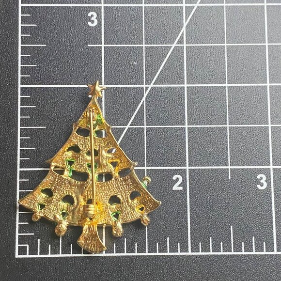 Vintage Gold Green Christmas Tree Brooch Rhinestone Ornaments Star Topper - Picture 3 of 7